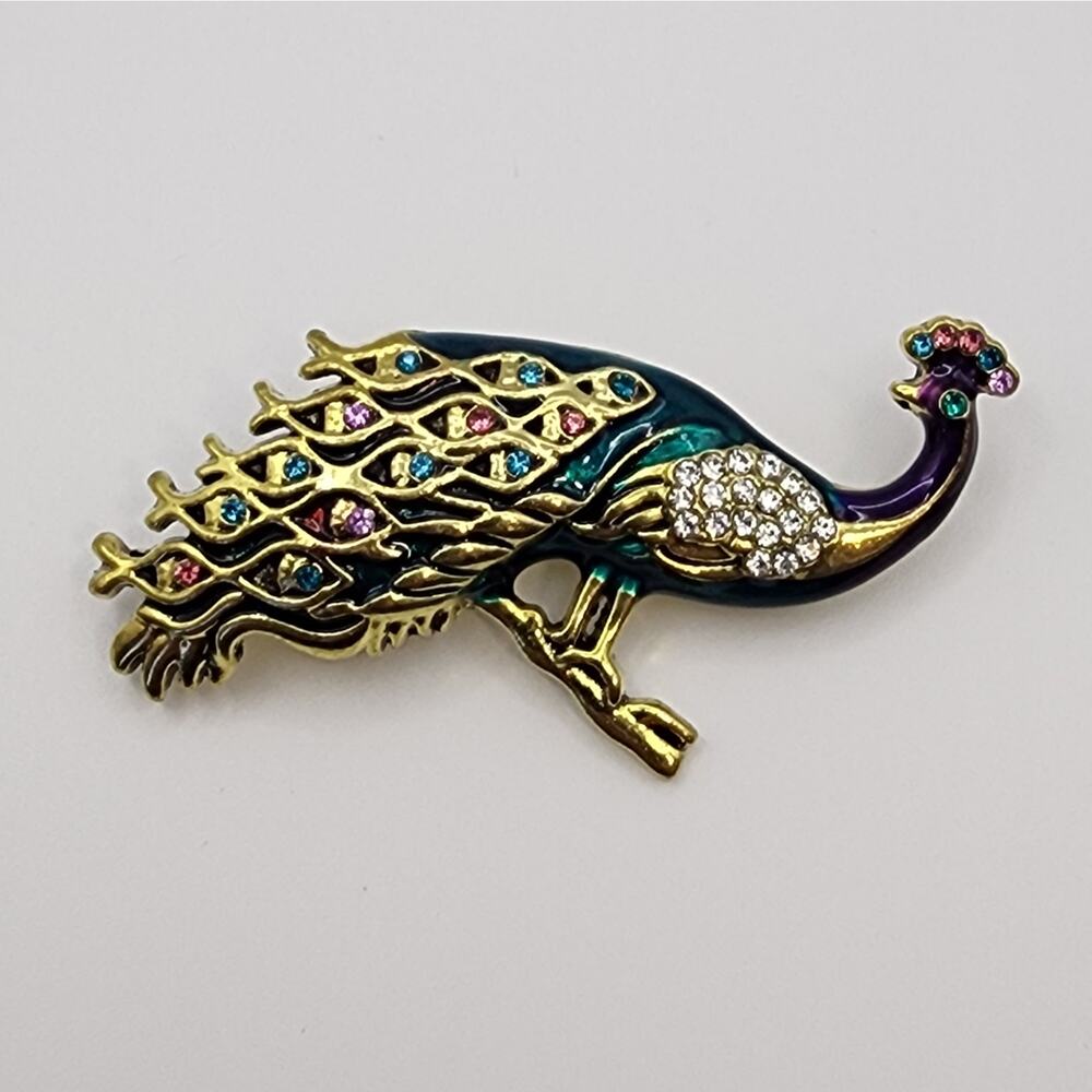 Peacock Brooch Sleek Enamel and Colored Rhinestones Elegant